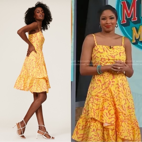 DEREK LAM Squiggle Print Square Neck Sleeveless Asymmetric Tier Ruffle Dress 6 - Picture 5 of 12